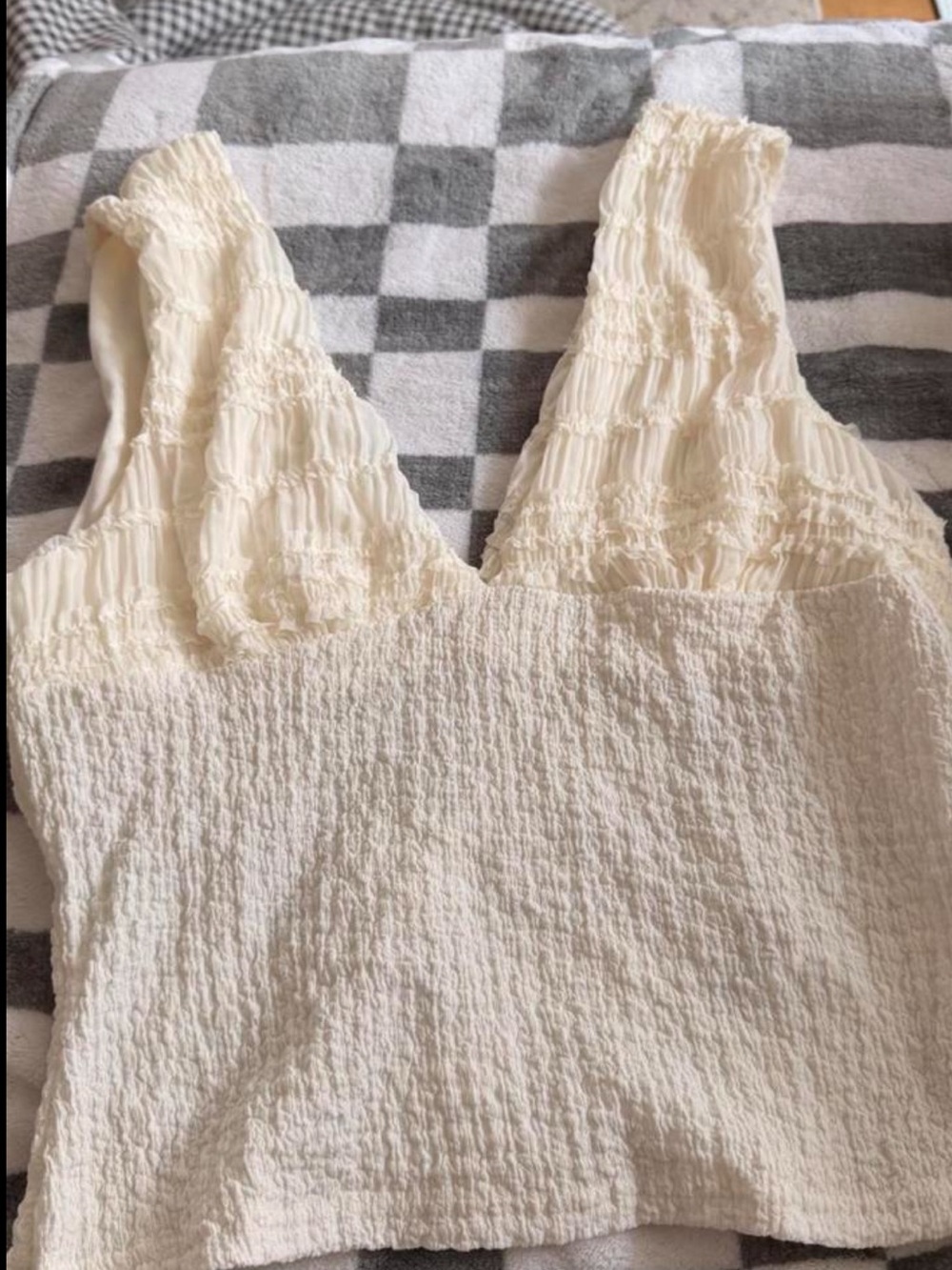 Source Unknown Cream Smocked Tank Top with Wide Ruched Straps